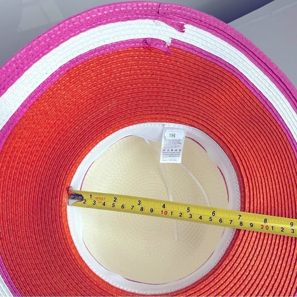 Multicolored straw woven floppy round Hat stripes tie pink orange white NWOT - Picture 6 of 6